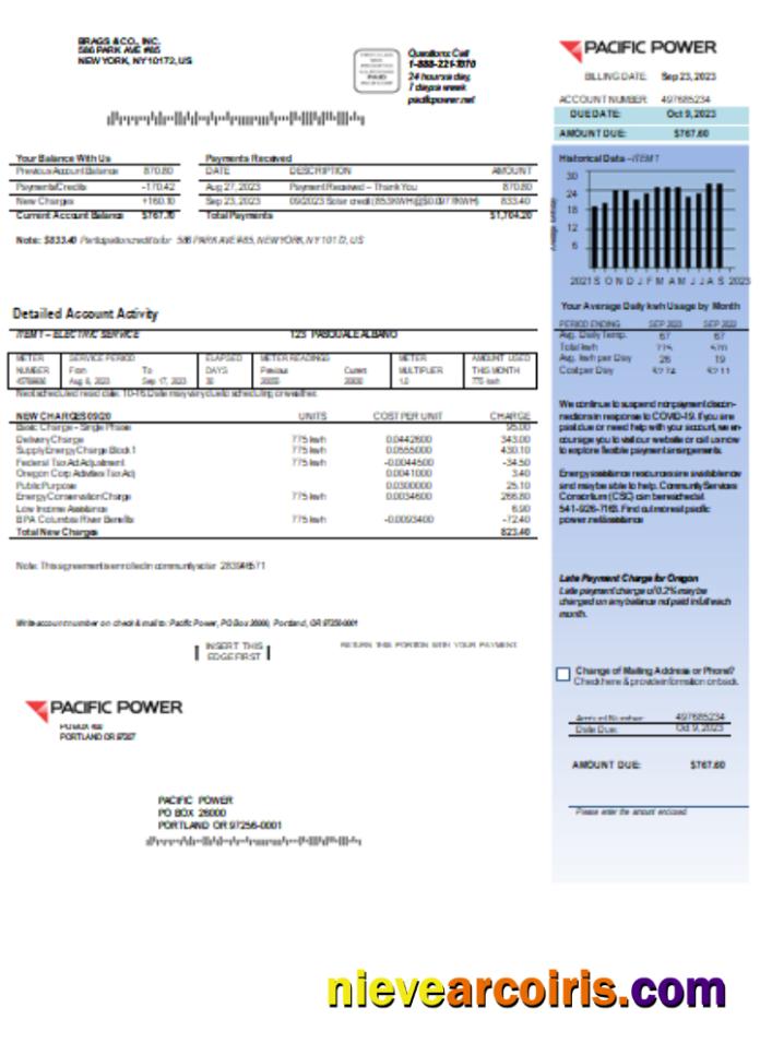 Pacific Power utility business bill, page 1